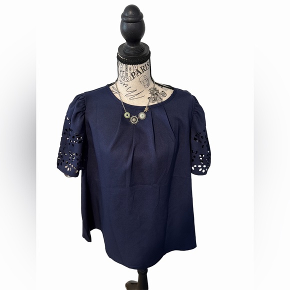 SHEIN Tops - SHEIN Navy Short-Sleeve Blouse with Laser Cut Puff Sleeves